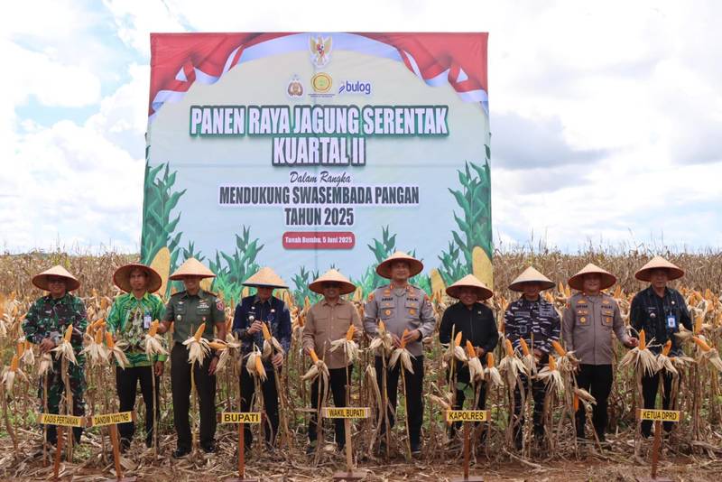 Wakil Ketua I DPRD Tanah Bumbu, H. Hasanuddin (tengah), menghadiri Panen Raya Jagung Serentak Kuartal II 2025 di Tanah Bumbu. Presiden RI secara virtual melepas ekspor 1.200 ton jagung hasil panen petani lokal.