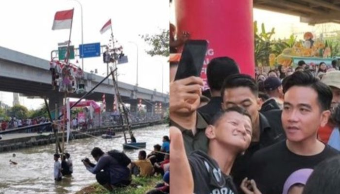 Gibran Nonton Lomba Panjat Pinang di Kalimalang, Bagikan Hadiah