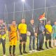 Tim Buana Mega FC menerima Piala Juara I Turnamen Mini Soccer Bamega Cup 2025 pada penutupan di Lapangan Mini Soccer Bamega, Kotabaru, Minggu (24/8/2025).