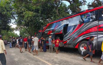 Kondisi bus pariwisata P 7221 UG ringsek setelah menabrak motor, pagar, dan rumah warga di Probolinggo.