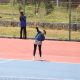 Aksi regu tenis putri Kalsel saat berlaga di Lapangan Tenis Jakabaring, Palembang, pada babak 16 besar PORNAS XVII KORPRI 2025 menghadapi Papua Barat.