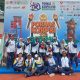 Para atlet Gateball Korpri Kalimantan Selatan berpose di atas podium setelah meraih medali perunggu pada kategori Double Campuran di ajang Pornas Korpri XVII 2025, Palembang.