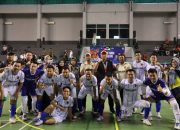 Tim Futsal Korpri Kalsel berpose usai menumbangkan Bangka Belitung 2-1 di babak 16 besar Pornas Korpri XVII di GOR Ranau, Jakabaring, Palembang, Kamis (9/10/2025).