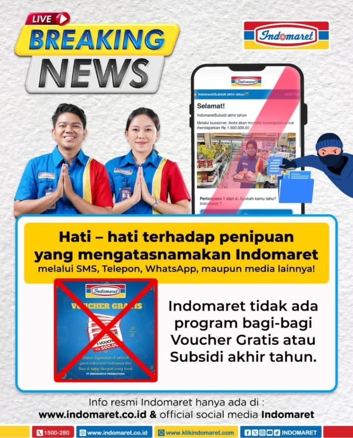 Pamflet hoaks voucher gratis Indomaret yang beredar melalui pesan berantai di media sosial dan WhatsApp.
