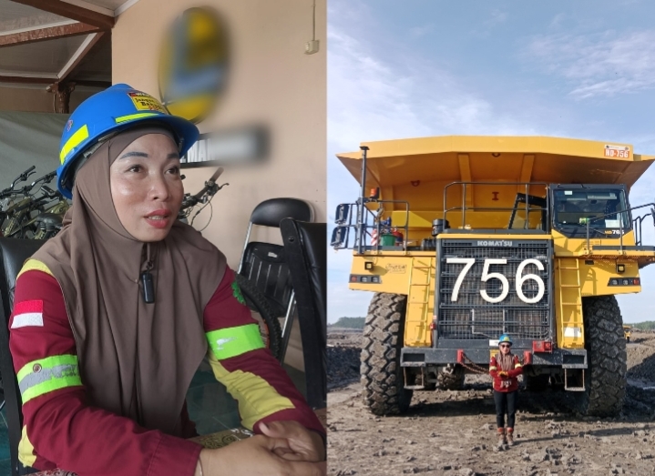 Operator alat berat wanita Heny Ramadhani saat bekerja di area tambang Kabupaten Tanah Laut pada shift malam