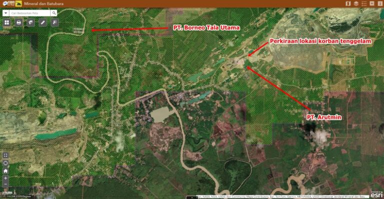 Peta citra satelit wilayah pertambangan batu bara di Kintap Kecil, Tanah Laut, dengan penanda perkiraan lokasi korban tenggelam di lubang eks tambang.