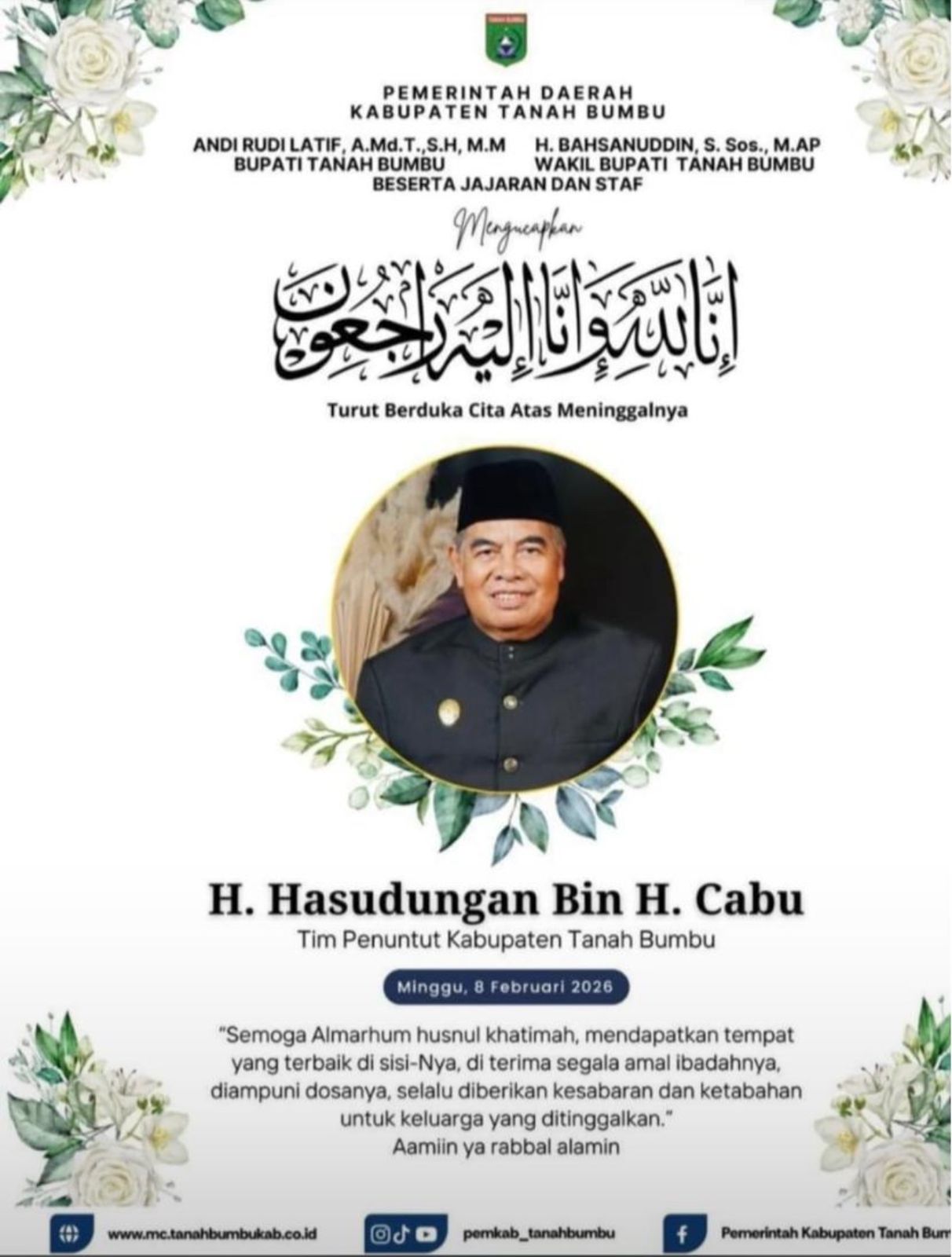 Poster resmi Pemkab Tanah Bumbu berisi ucapan belasungkawa atas meninggalnya H. Hasudungan bin H. Ca’bu, tim penuntut pemekaran Kabupaten Tanah Bumbu.