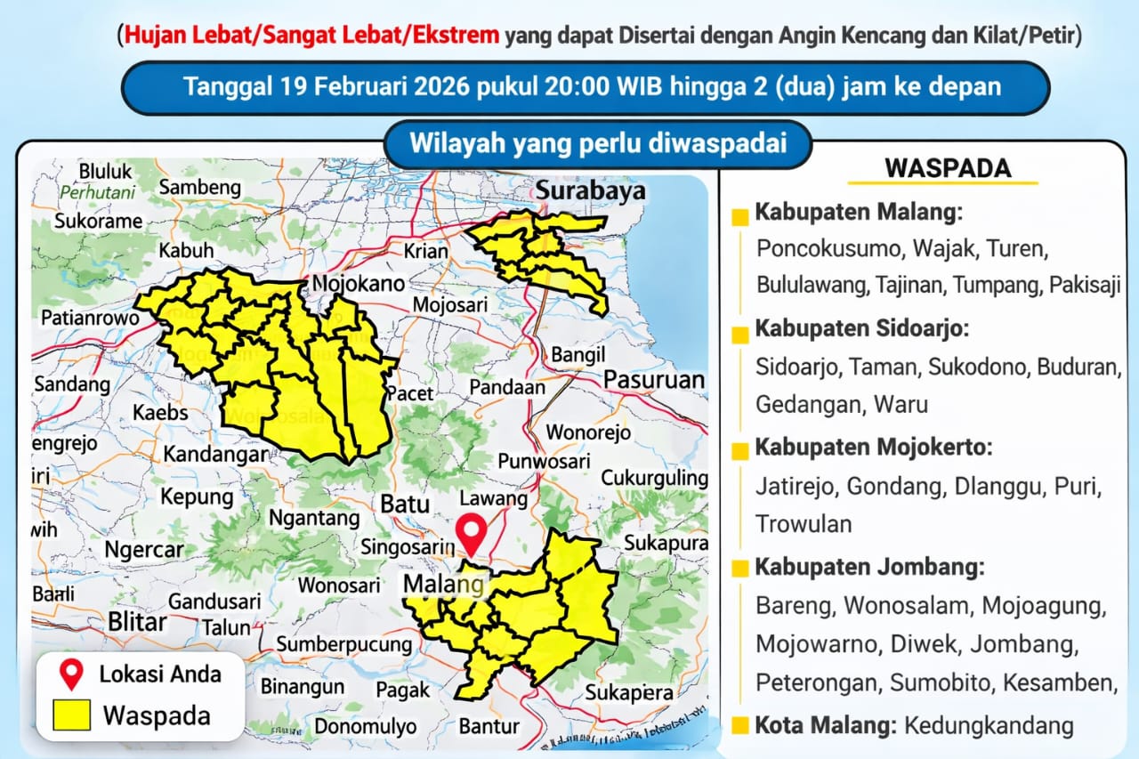 Peta peringatan dini BMKG wilayah Malang, Sidoarjo, Mojokerto, dan Jombang berpotensi hujan lebat disertai angin kencang dan petir.