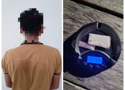 Ket Foto: Terduga pelaku AN (37) dan barang bukti saat diamankan ke Kantor Satresnarkoba Polres Kapuas untuk proses lanjut. (FOTO IST)