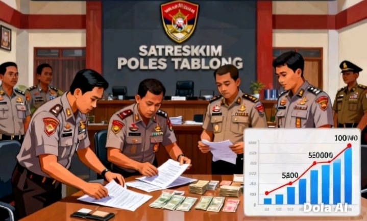 Ilustrasi AI polisi memeriksa dokumen kasus penggelapan aset perusahaan di Satreskrim Polres Tabalong.
