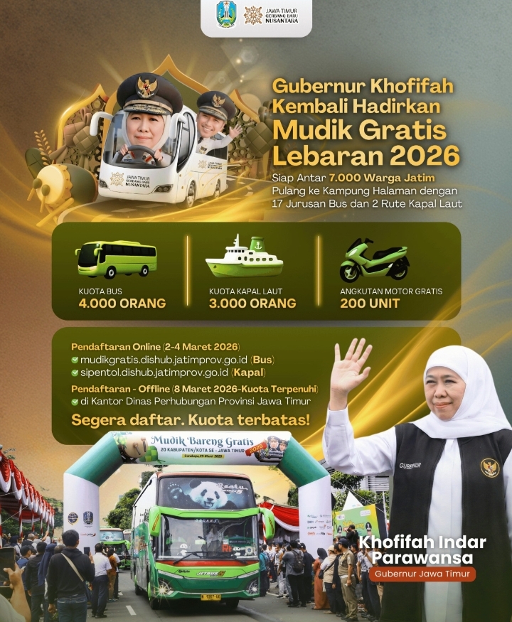 Poster program mudik gratis Lebaran 2026 Pemprov Jawa Timur yang menyediakan bus, kapal laut, dan layanan angkut motor bagi 7.000 warga.
