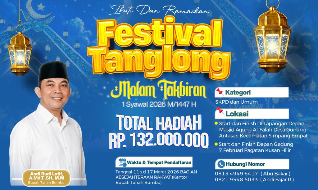 Poster Festival Tanglong Tanah Bumbu 2026 dengan hadiah Rp132 juta untuk malam takbiran Idulfitri.