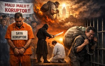 Ilustrasi hukuman koruptor termasuk sanksi sosial, hukum, dan beban moral atas hasil korupsi.