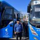 Sekda Kotabaru Eka Safrudin berjalan di depan bus mudik gratis saat pelepasan peserta di Terminal Stagen menuju berbagai daerah di Kalimantan Selatan.
