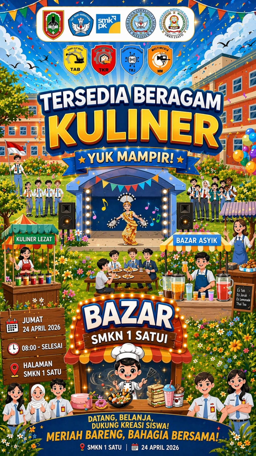 Poster bazar kewirausahaan SMKN 1 Satui Tanah Bumbu 24 April 2026 dengan berbagai kuliner dan kegiatan siswa