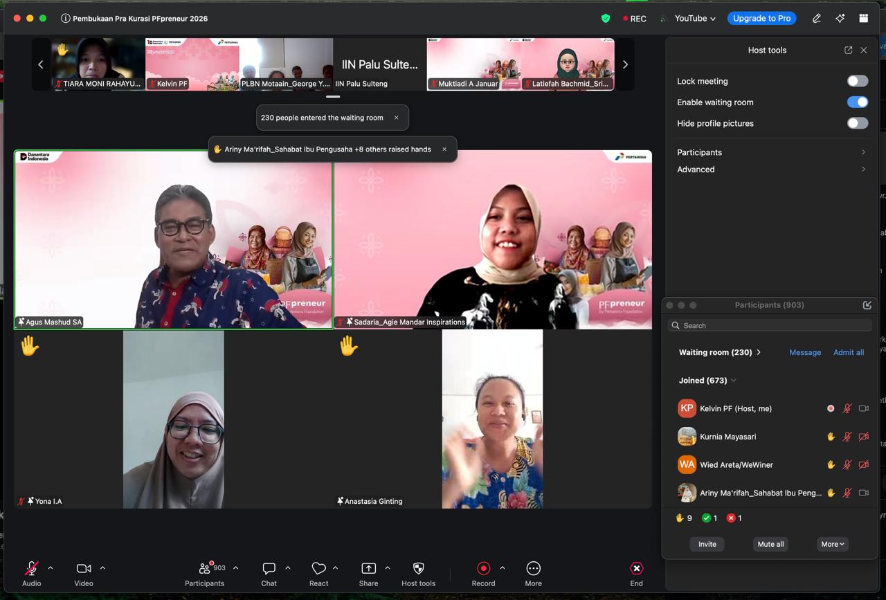 Tampilan pertemuan daring peserta UMKM perempuan dalam program PFpreneur Pertamina yang diikuti ribuan peserta dari berbagai daerah di Indonesia