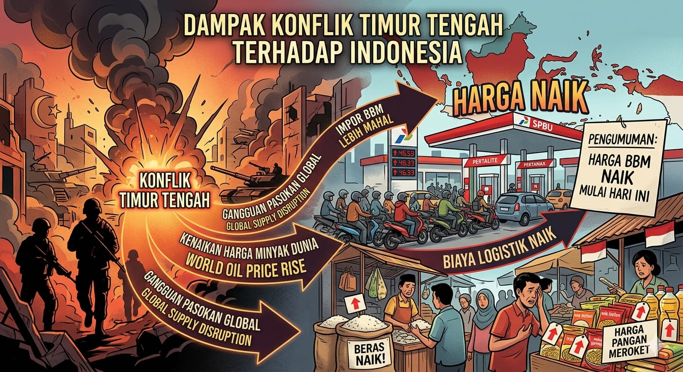 Infografis dampak konflik Timur Tengah yang menyebabkan kenaikan harga minyak global, BBM, dan harga pangan di Indonesia akibat gangguan pasokan energi dunia.