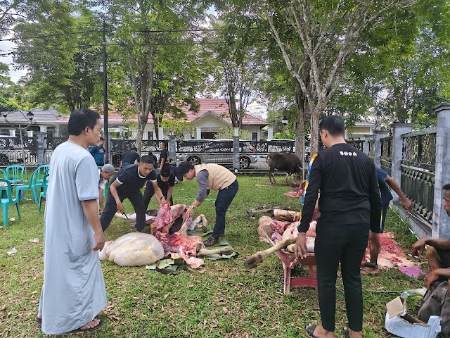 Panitia kurban memotong dan mengemas daging untuk dibagikan kepada warga.