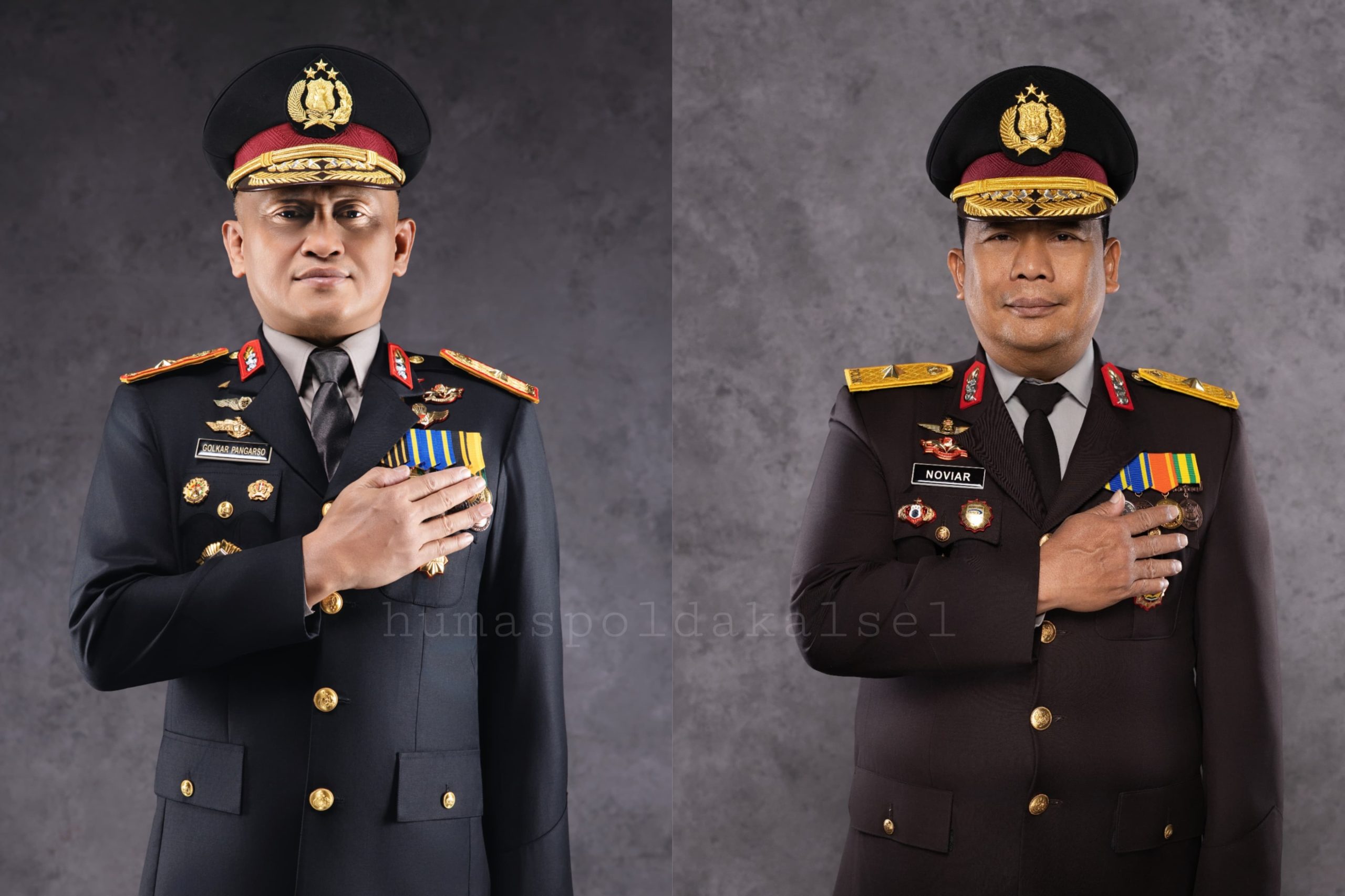 Foto Brigjen Pol Golkar Pangarso dan Brigjen Pol Noviar dalam mutasi jabatan Wakapolda Kalimantan Selatan.