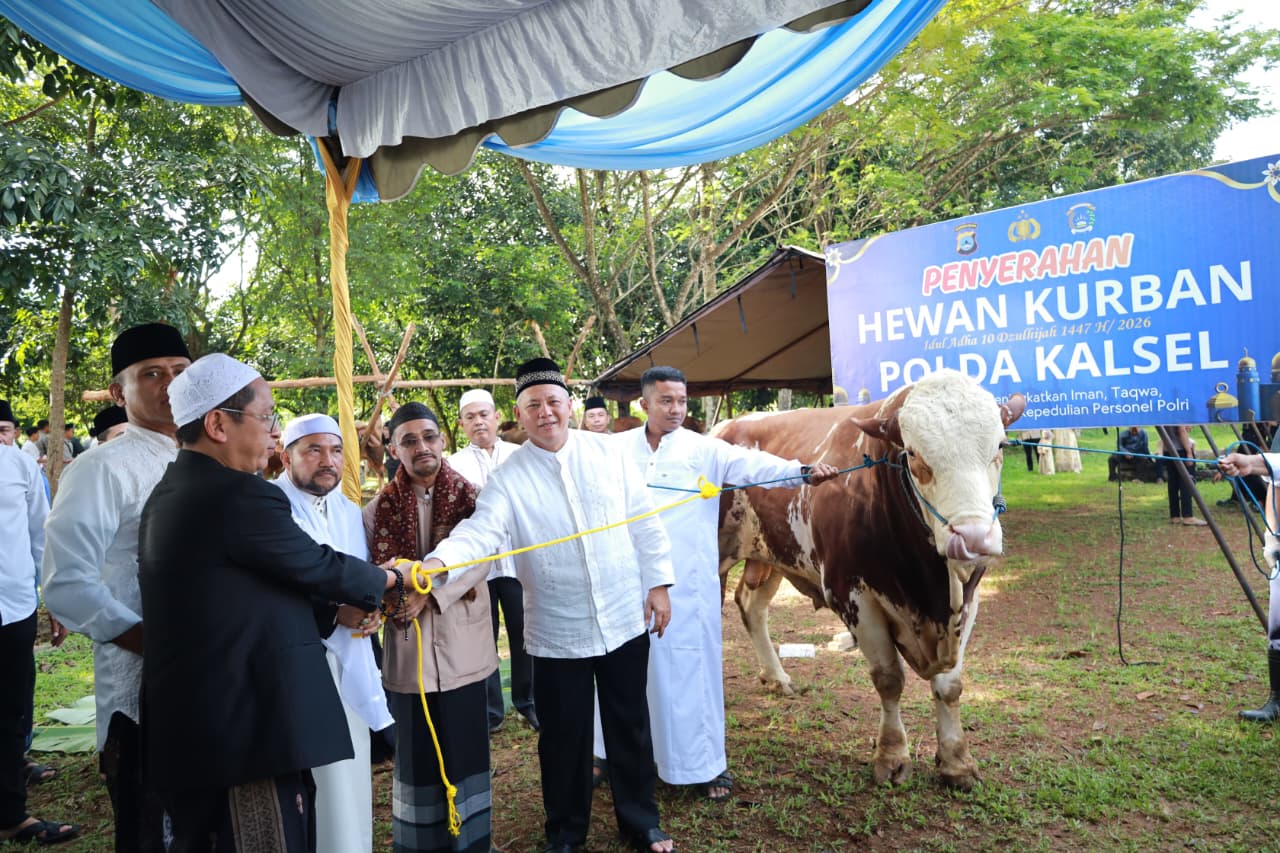 Kapolda Kalsel menyerahkan sapi kurban kepada perwakilan ponpes di Lapangan Mako Satbrimob.