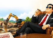 Ilustrasi pemodal PETI duduk santai dengan latar aktivitas tambang emas ilegal menggunakan excavator.