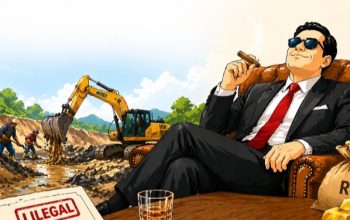 Ilustrasi pemodal PETI duduk santai dengan latar aktivitas tambang emas ilegal menggunakan excavator.