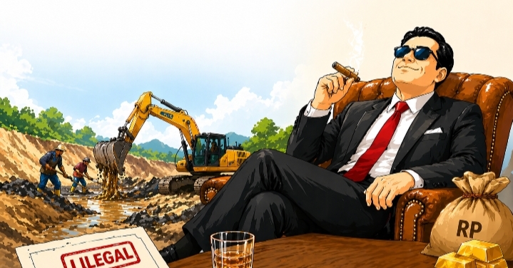 Ilustrasi pemodal PETI duduk santai dengan latar aktivitas tambang emas ilegal menggunakan excavator.