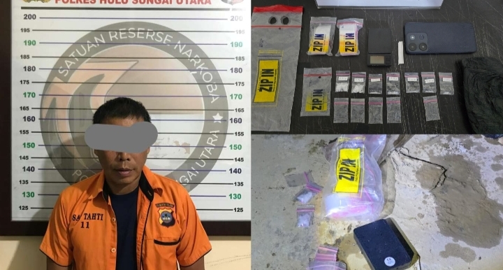 Honorer di Hulu Sungai Utara diamankan polisi bersama barang bukti tujuh paket sabu, timbangan digital, dan telepon genggam hasil penggerebekan di Banjang.
