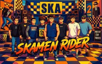 Ilustrasi karikatur personel Skamen Rider dengan gaya pahlawan fiksi.