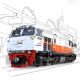 Ilustrasi lokomotif kereta api di area stasiun dengan latar kota.