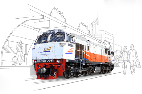 Ilustrasi lokomotif kereta api di area stasiun dengan latar kota.