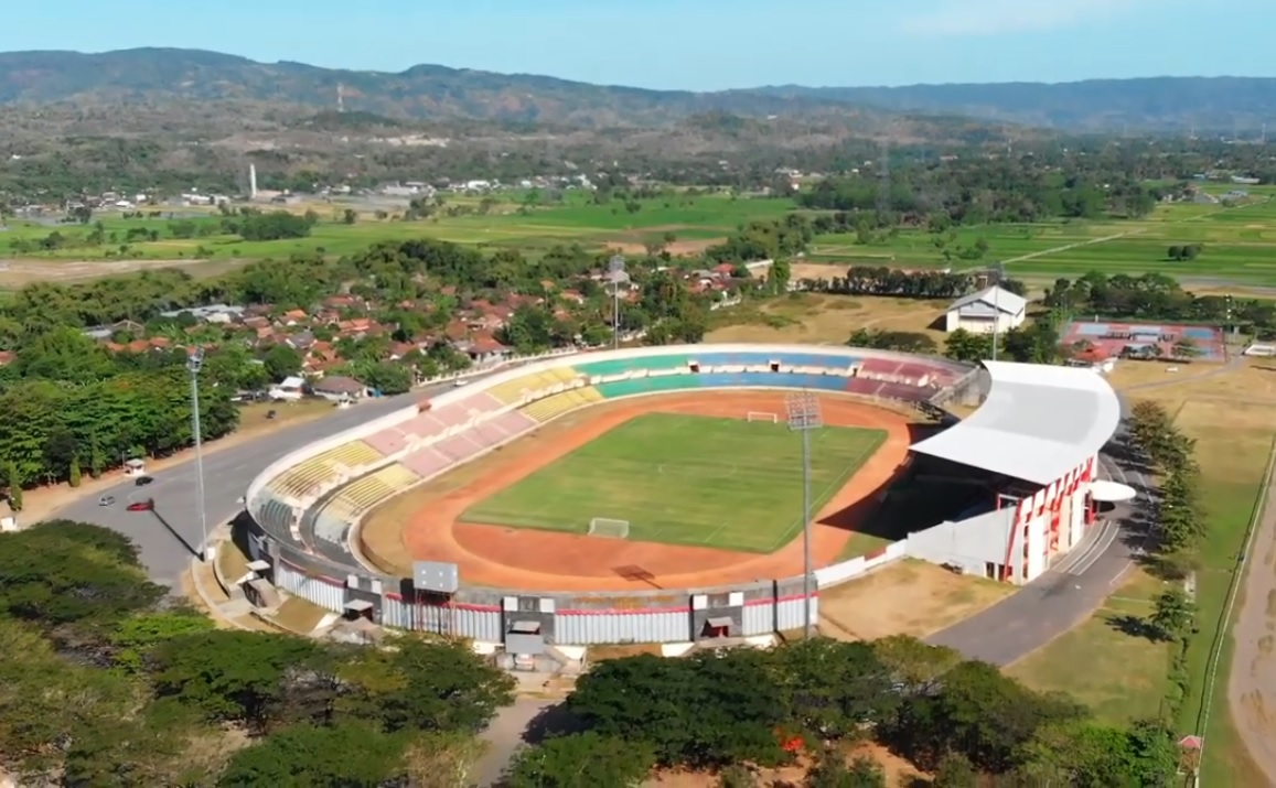 Tampak udara Stadion Sultan Agung di Bantul yang menjadi venue pertandingan PSIM Yogyakarta vs Madura United.