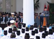 Presiden Prabowo berpidato di podium Gedung Pancasila.
