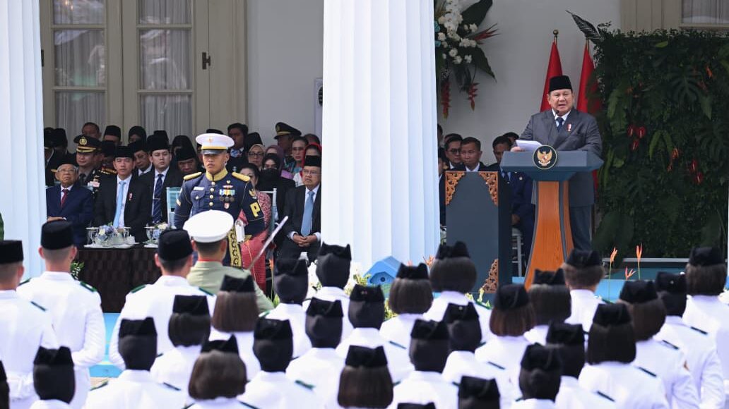 Presiden Prabowo berpidato di podium Gedung Pancasila.