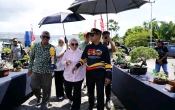 Wali Kota Banjarmasin sedang mengamati bonsai di stan pameran.