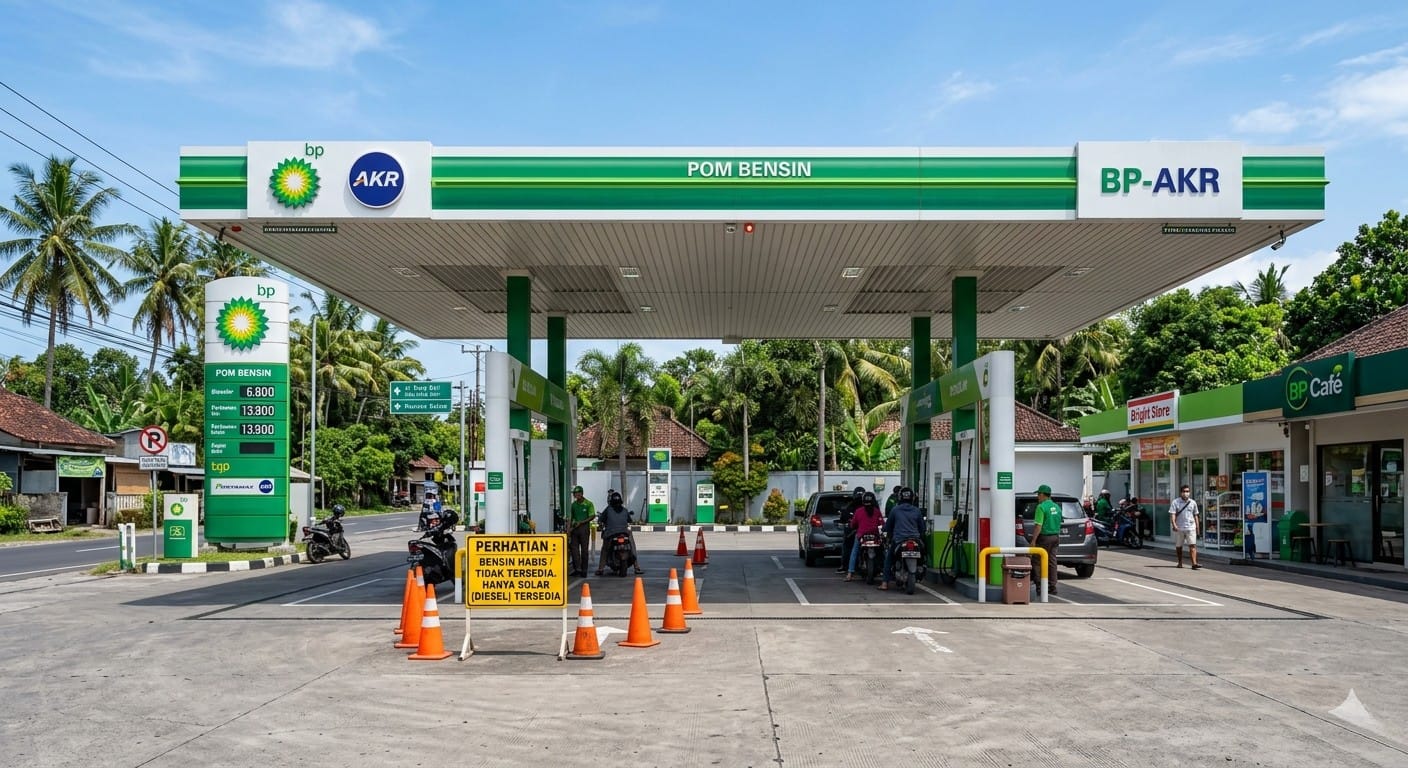Papan pengumuman Bensin Tidak Tersedia di SPBU BP Batu.