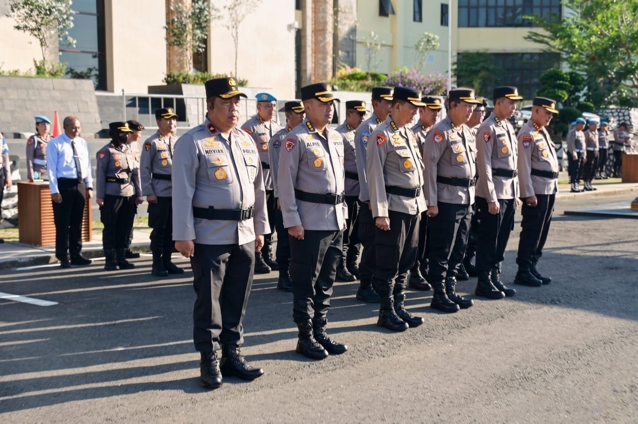 Personel polisi berbaris rapi di lapangan apel