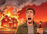 Ilustrasi botol plastik yang berisi pertalite dan rumah terbakar