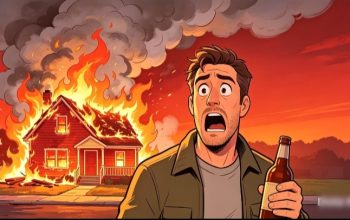 Ilustrasi botol plastik yang berisi pertalite dan rumah terbakar