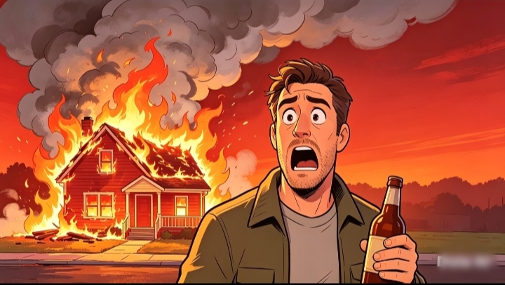 Ilustrasi botol plastik yang berisi pertalite dan rumah terbakar
