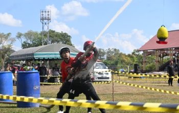 Suasana uji ketangkasan relawan pemadam kebakaran yang diikuti puluhan tim di Stadion Sanaman Mantikei, Palangka Raya.