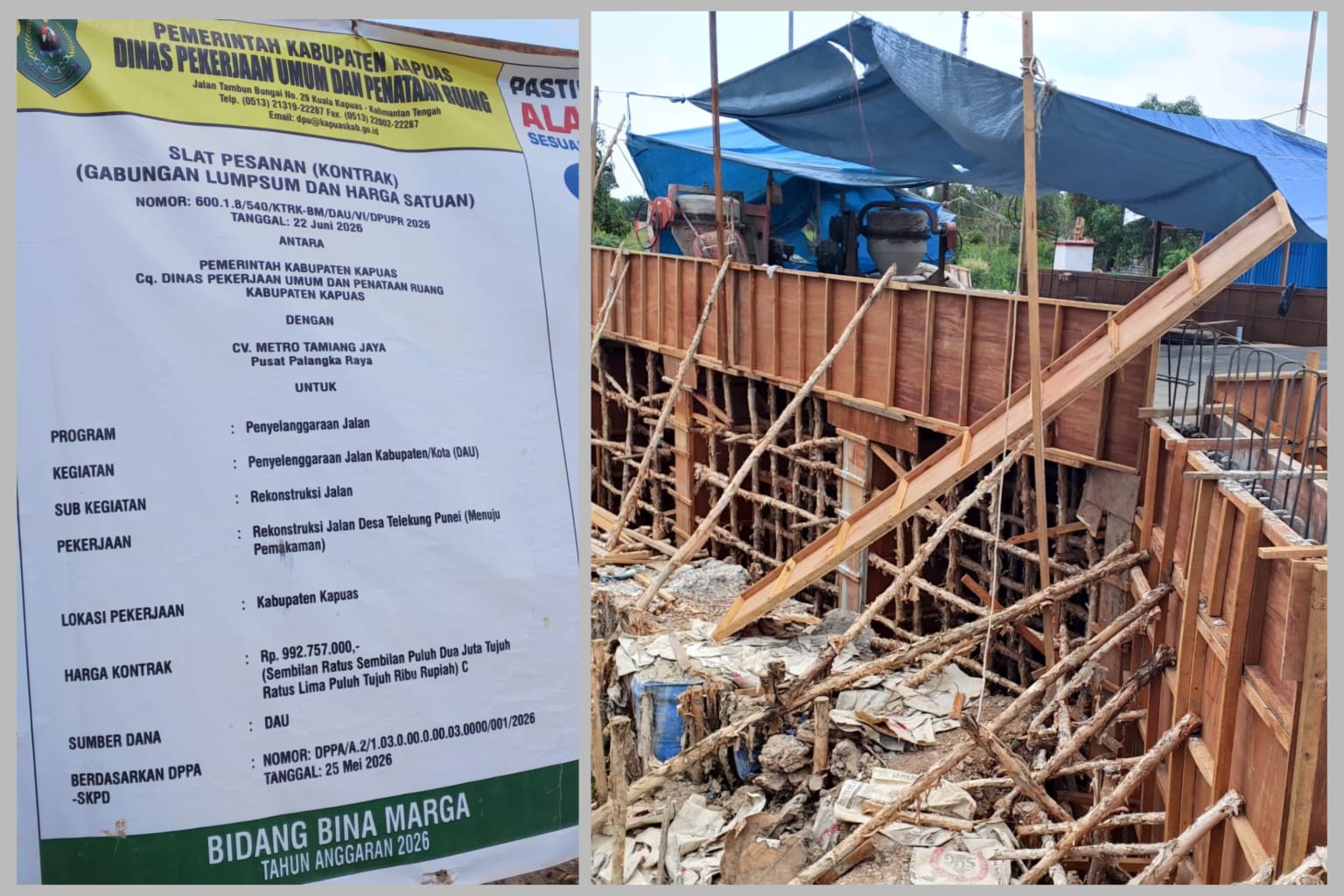 Ket Foto: Papan informasi publik yang terpasang di lokasi proyek pekerjaan tidak sesuai fakta fisik di lapangan.